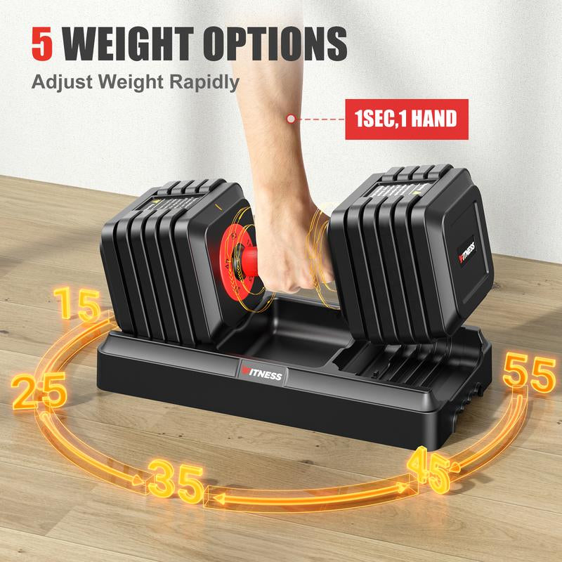 Adjustable Dumbbells Set of 2, 1-Sec Adjustable Weights Dumbbells Set, 5 in 1 Free Adjustable Dumbbell Set with Anti-Slip Texture Handle, 25Lb-55Lb,Weight Set for Home Gym Suit Both Men and Women